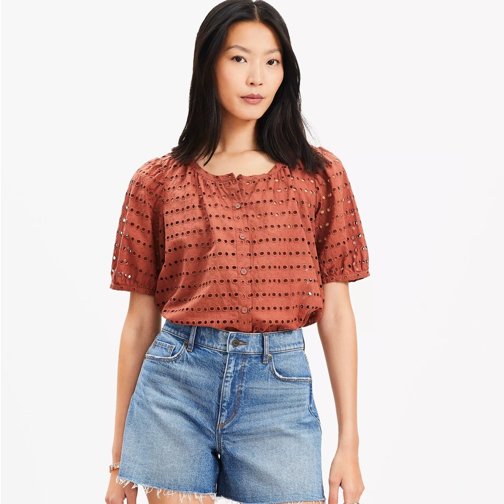 LOFT Eyelet Bubble Sleeve Blouse in Intense Cooper, Size M